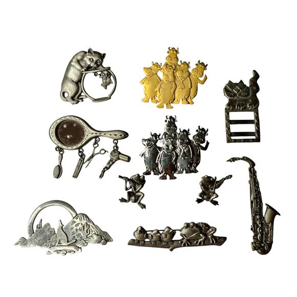 Vtg Lot (10) Signed JJ Brooches Fun Whimsical Cows Cats Frogs Sax Mirror Coyote - Picture 1 of 10